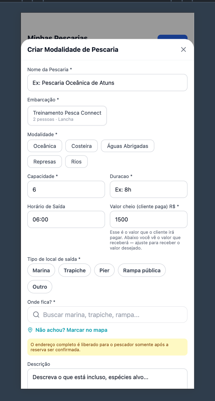 Janela Criar Modalidade de Pescaria com nome, modalidade, valor, local de saída e descrição