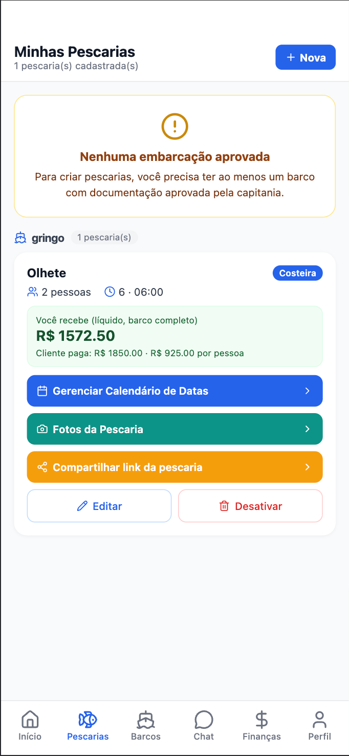 Pescaria Olhete criada na lista, com botões de calendário, fotos e compartilhar