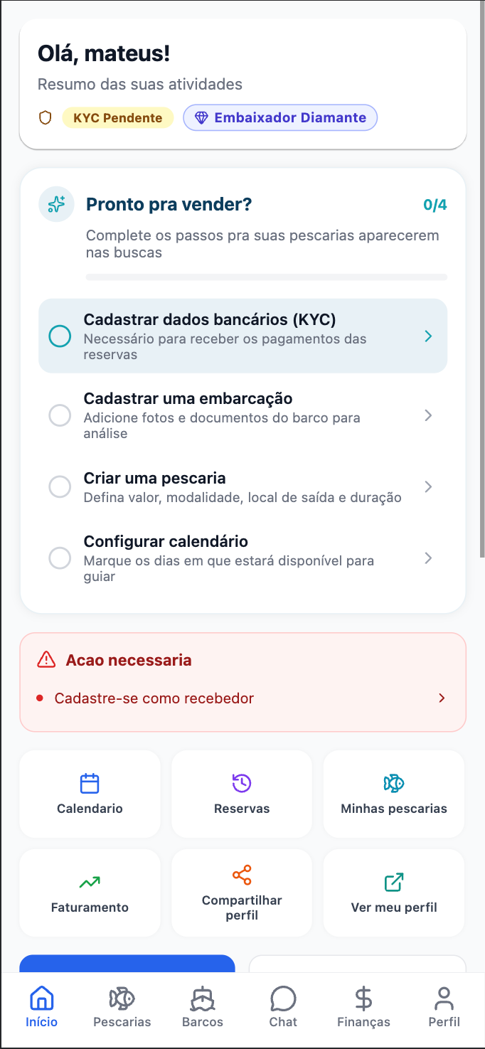 Tela inicial do guia com o checklist Pronto pra vender e o aviso de cadastro de recebedor