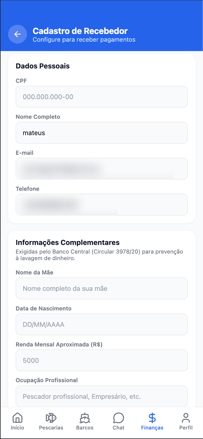 Formulário de dados pessoais do recebedor (CPF, nome, e-mail, telefone)