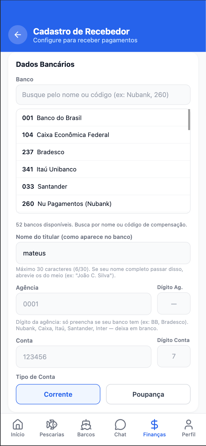Formulário de dados bancários com busca de banco, agência, conta e tipo de conta