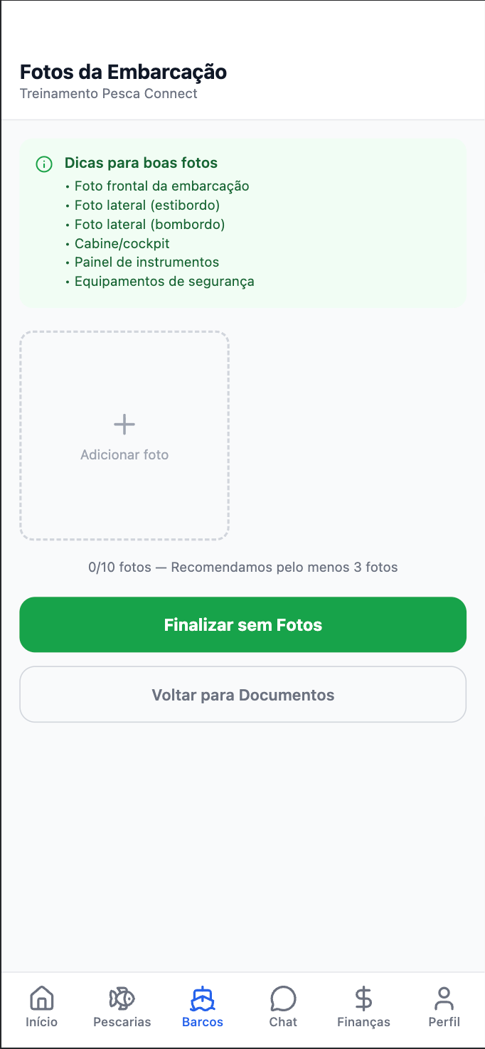 Tela de fotos da embarcação com dicas, o quadro Adicionar foto e o botão de concluir