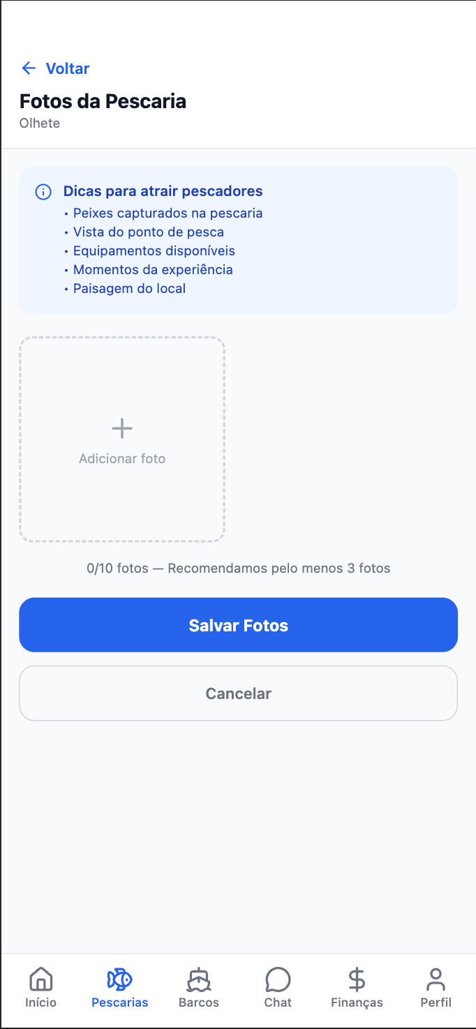 Tela Fotos da Pescaria com dicas, o quadro Adicionar foto e o botão Salvar Fotos