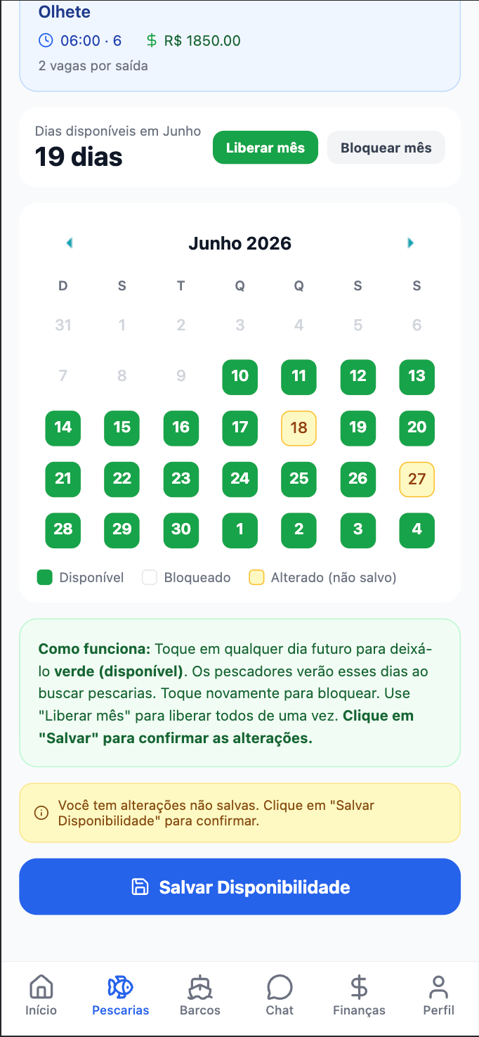 Calendário com Liberar Mês, dias marcados em verde e o botão Salvar Disponibilidade