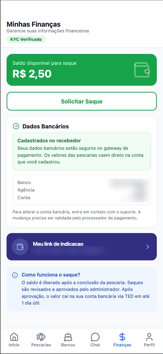 Tela Minhas Finanças com o card de saldo disponível e o botão Solicitar Saque